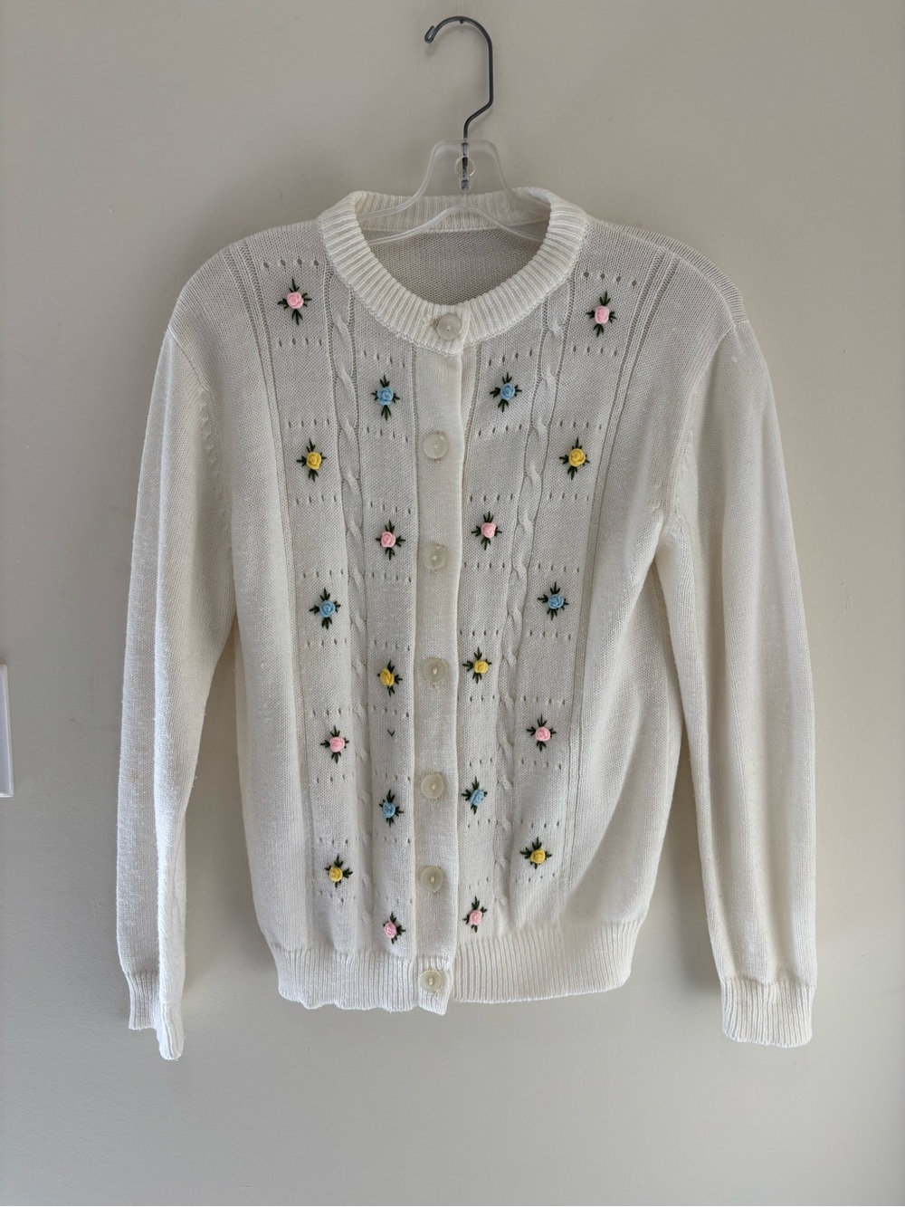 Vintage 80s 90s White Floral Embroidered Button-Up Cardigan Sweater